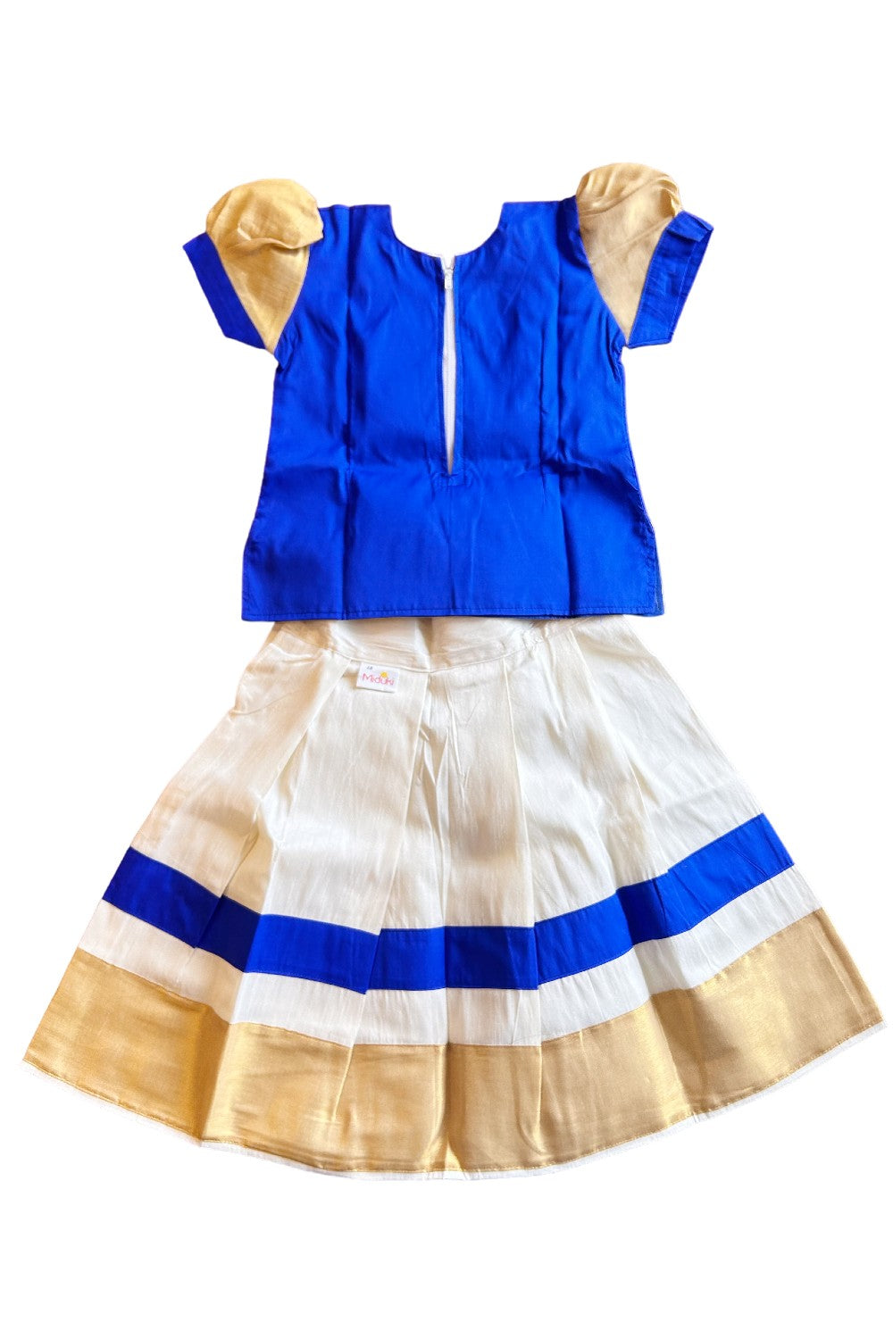Midukki-Traditional South Indian Kids Pattu Pavada- Blue top offwhite skirt with kasavu- Age 3 - KK3MID0048