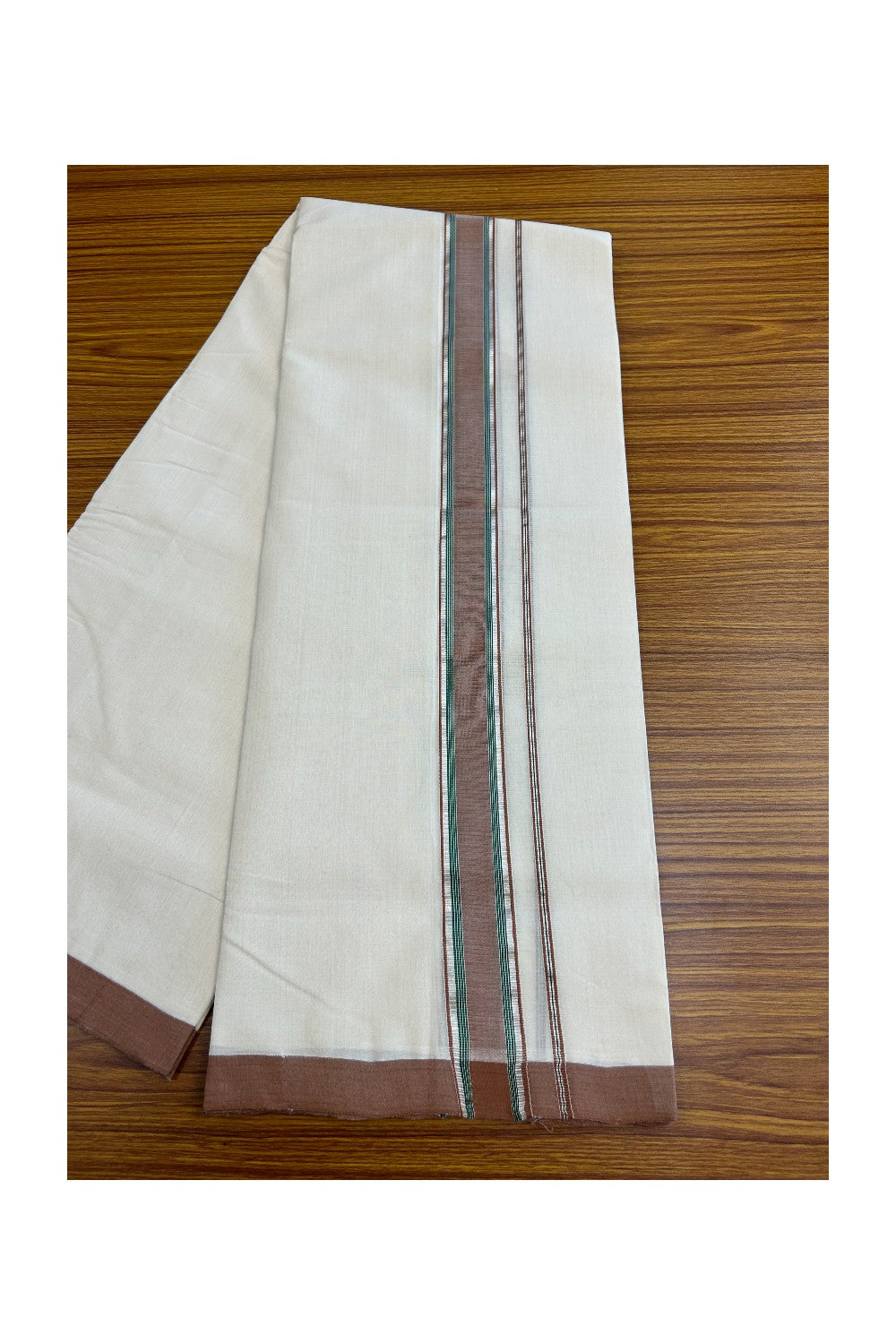 25% DISCOUNT!! KaithariKada HANDLOOM Millpaav Balaramapuram - 100% PURE Cotton OFF White Double - (Unbleached) Mundu/Dothi - 2.5 inch BROWN & GREEN SILVER KASAVU Stripes Kara - 48KK5029RAM
