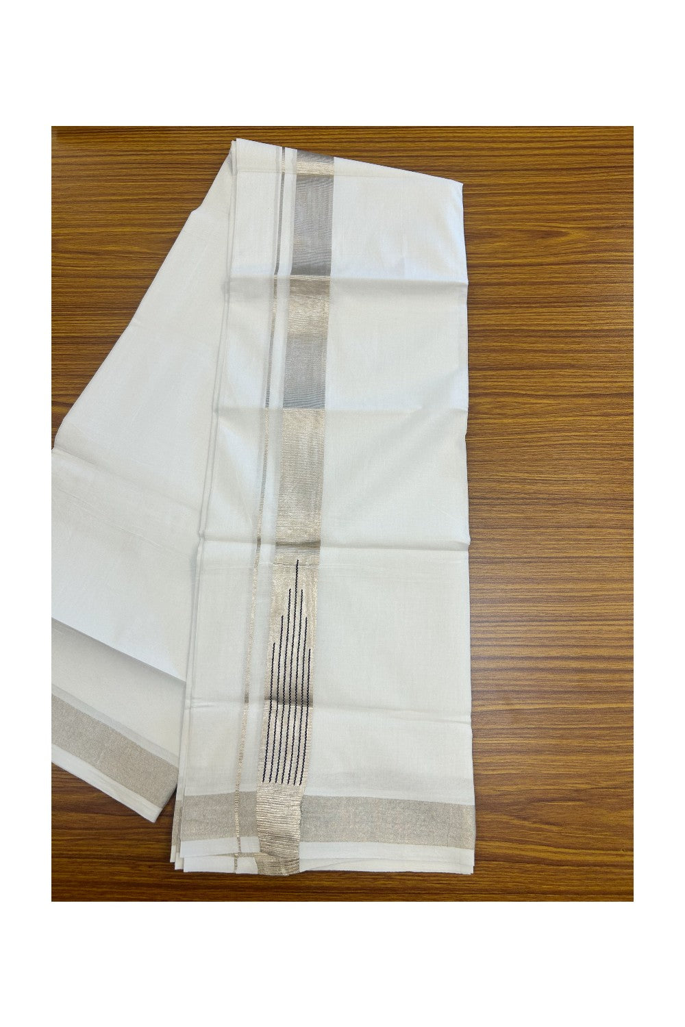 20% DISCOUNT! KaithariKada Balaramapuram 100% Cotton Double PURE WHITE Mundu/Dhoti - 100x80 - 1.5 inch Silver Kasavu Black striped temple chutty kara - 49KK5174THI