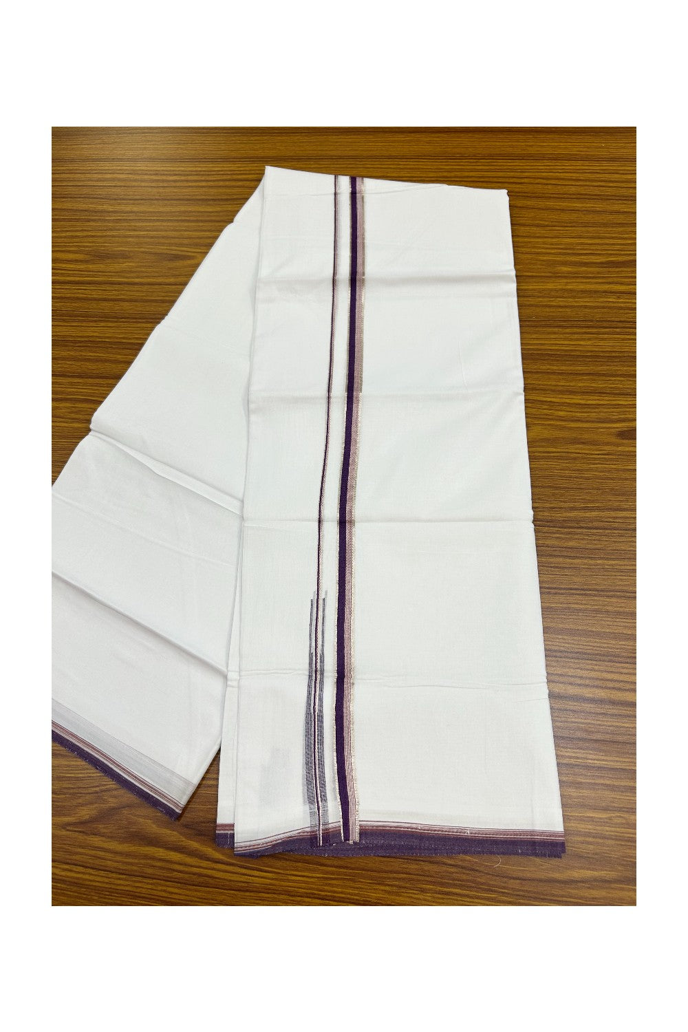 20% Discount !! Kaitharikada Balaramapuram 100% Cotton PURE WHITE DOUBLE Mundu/Dothi- 100X80 Thread - 0.5 inch - Silver Kasavu Purple & Red Design Chutty Kara - 48KK5191CKS