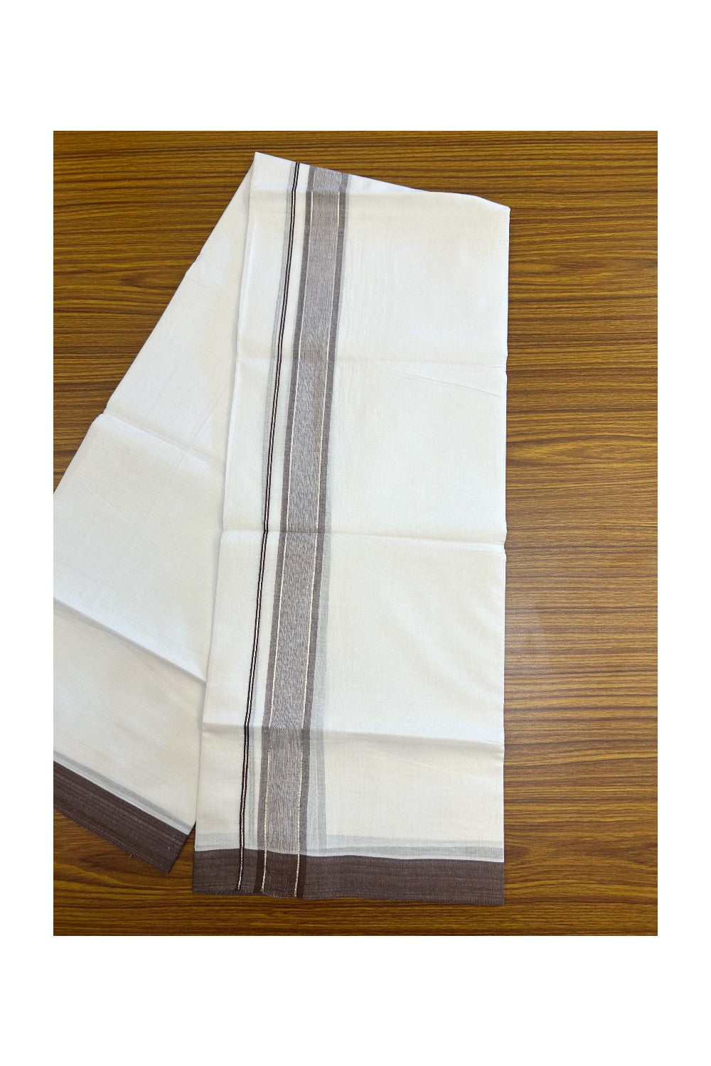 20% DISCOUNT! KaithariKada Balaramapuram 100% Cotton Double Pure white Mundu/Dhoti- 60s - 1.5 inch Silver Kasavu & Brown Shaded Kara - 3.88mtr ( 8 muzham) - 48KK5227 PMC
