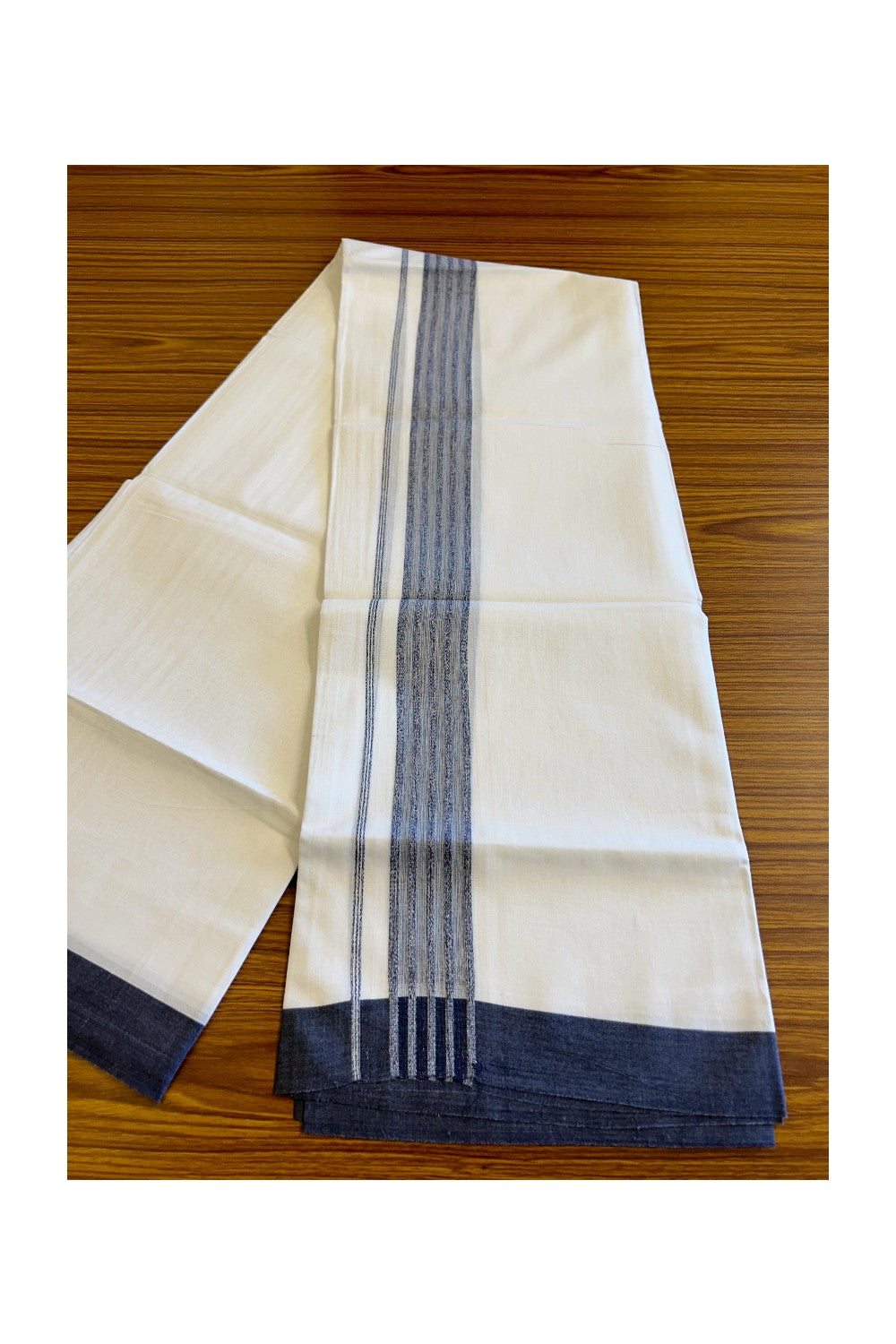 21% DISCOUNT!! Kaitharikada Balaramapuram 100% Cotton PURE WHITE Double Mundu/Dothi-100x80 NAVY BLUE Striped Cotton Kara - 48KK73VAS