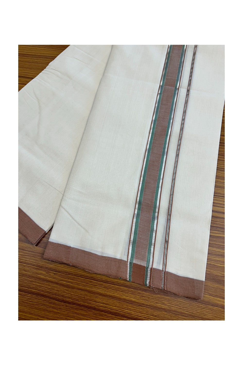 25% DISCOUNT!! KaithariKada HANDLOOM Millpaav Balaramapuram - 100% PURE Cotton OFF White Double - (Unbleached) Mundu/Dothi - 2.5 inch BROWN & GREEN SILVER KASAVU Stripes Kara - 48KK5029RAM