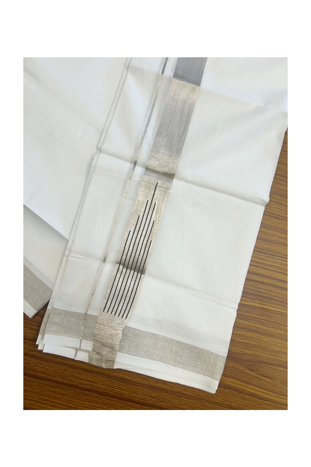 20% DISCOUNT! KaithariKada Balaramapuram 100% Cotton Double PURE WHITE Mundu/Dhoti - 100x80 - 1.5 inch Silver Kasavu Black striped temple chutty kara - 49KK5174THI