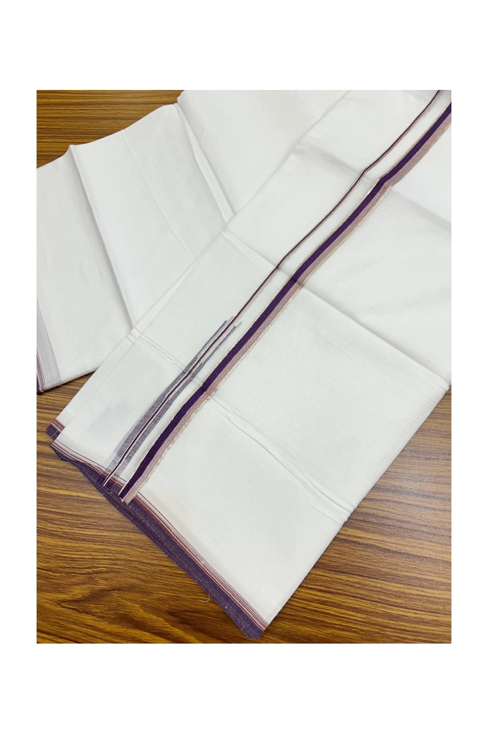 20% Discount !! Kaitharikada Balaramapuram 100% Cotton PURE WHITE DOUBLE Mundu/Dothi- 100X80 Thread - 0.5 inch - Silver Kasavu Purple & Red Design Chutty Kara - 48KK5191CKS