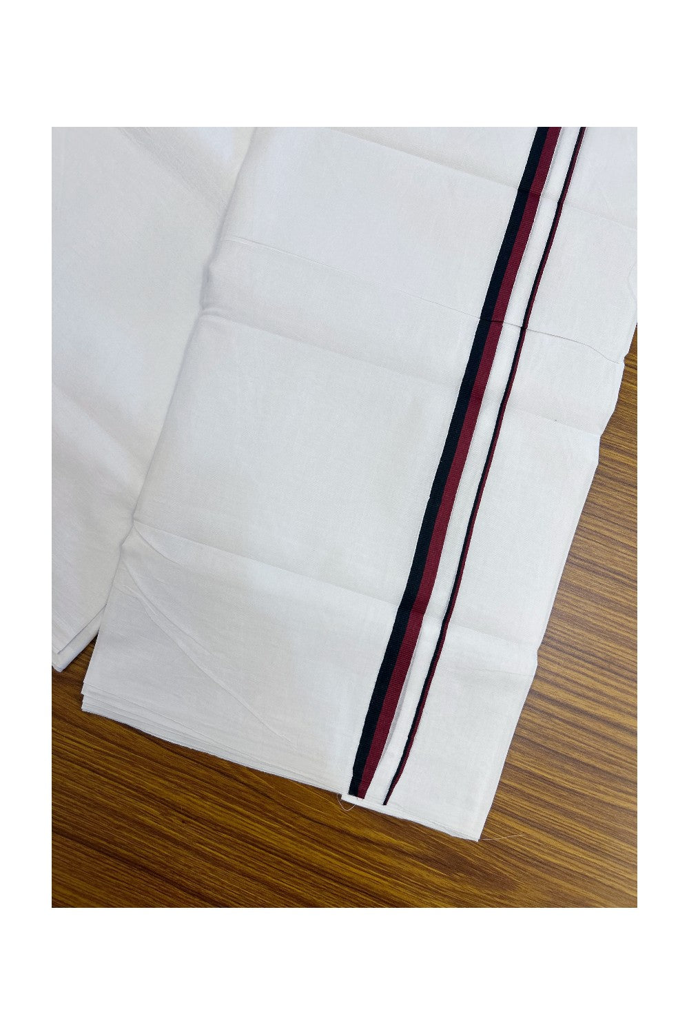 DMK Veshti - 20% DISCOUNT! KaithariKada 100% Cotton PURE WHITE Double Mundu/Dhoti - 100X100 - 0.5 inch Black & Maroon kara 4.00 mtr (8.5 muzham)- 47KK5224 ASH