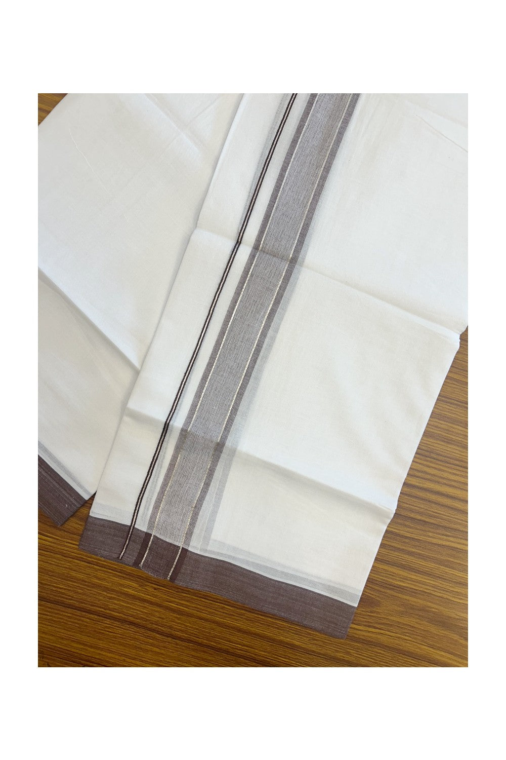 20% DISCOUNT! KaithariKada Balaramapuram 100% Cotton Double Pure white Mundu/Dhoti- 60s - 1.5 inch Silver Kasavu & Brown Shaded Kara - 3.88mtr ( 8 muzham) - 48KK5227 PMC