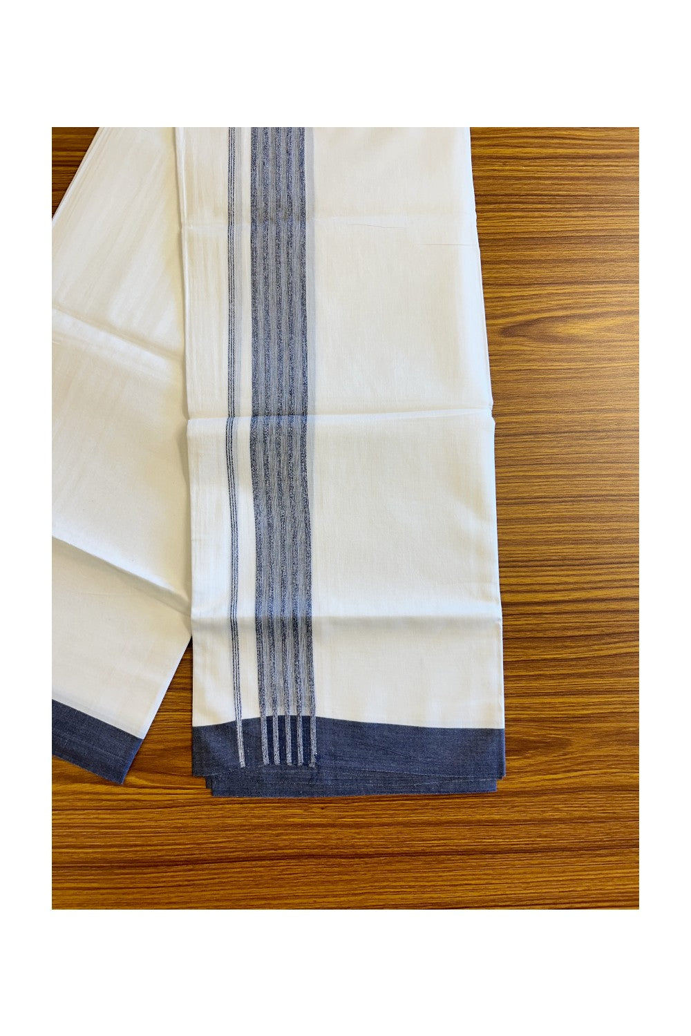 21% DISCOUNT!! Kaitharikada Balaramapuram 100% Cotton PURE WHITE Double Mundu/Dothi-100x80 NAVY BLUE Striped Cotton Kara - 48KK73VAS