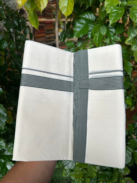 25% DISCOUNT!! KaithariKada HANDLOOM UNAKKUPAAV Balaramapuram - 100% PURE Cotton OFF White Double - (Unbleached)- Mundu/Dothi - Ash Green White Kara 4.5 Meters (10 Muzham) - 49 KK5249 REA