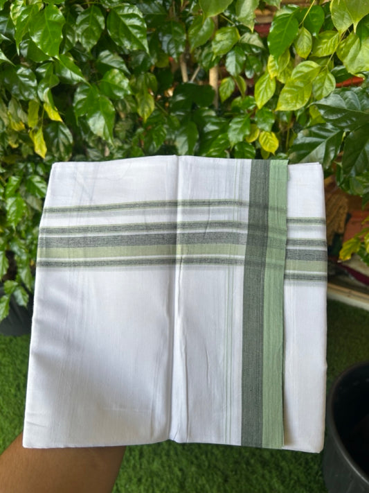 20% Discount ! NEW! KaithariKada Balaramapuram 100% Cotton Pure white Double Mundu/Dhoti - (100x80)s - 1.5 inch Green Stripes Kara - 49 KK5249 VIN