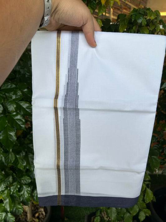 24% Discount! KaithariKada Balaramapuram 100% Cotton Pure white Double Mundu/Dhoti - (100x80)s - 1.5 inch Puliyilakkara Navy Blue Stripes Chutty Gold Kasav - 49 KK5258 THI