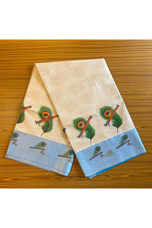 25% Discount! Kaitharikada Kerala Saree - Silver Kasavu Tissue -  Light Brown & Blue Peacock Feather & Flute Prints - 49KK300VIN