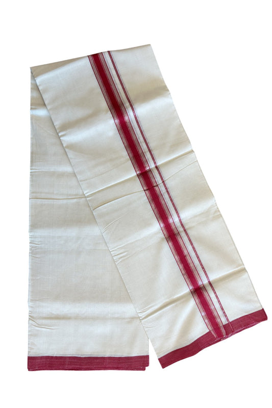 25% DISCOUNT!! KaithariKada HANDLOOM Unakkupaavu Balaramapuram - 100% PURE Cotton OFF White (Unbleached) Double Mundu/Dothi - Silver striped red kara - 17KK203RAM