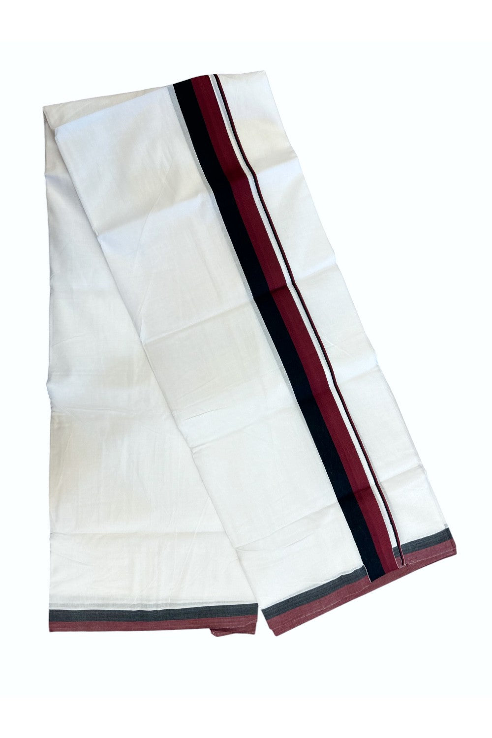 DMK Veshti - 20% DISCOUNT! KaithariKada 100% Cotton PURE WHITE Double Mundu/Dhoti - 100X100 - 1.75 inch Black & Maroon kara 3.80 mtr (8 muzham)- 48KK5224 ASH