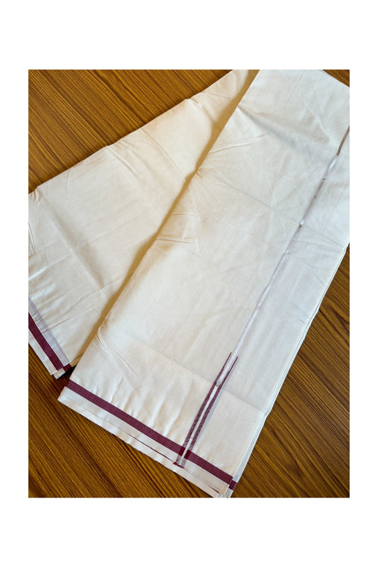 21% DISCOUNT!! KaithariKada Balaramapuram 100% Cotton off white Double - (Unbleached) Mundu/Dhoti-100x100  Puliyilakkara Chutty MAROON & Silver Kasavu Kara - 49KK203RAM