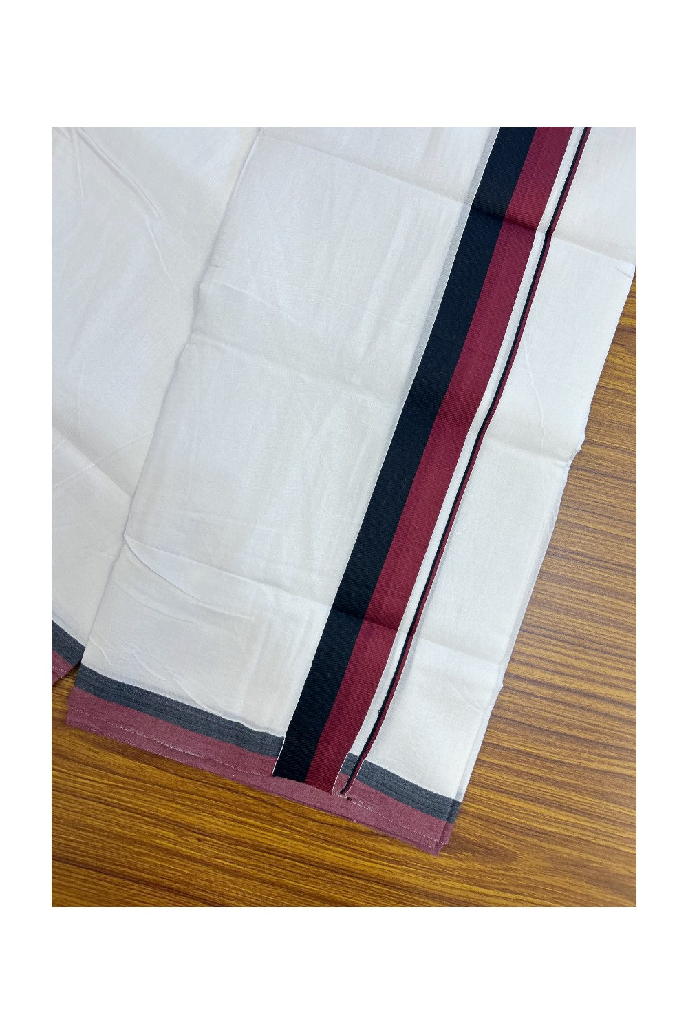 DMK Veshti - 20% DISCOUNT! KaithariKada 100% Cotton PURE WHITE Double Mundu/Dhoti - 100X100 - 1.75 inch Black & Maroon kara 3.80 mtr (8 muzham)- 48KK5224 ASH