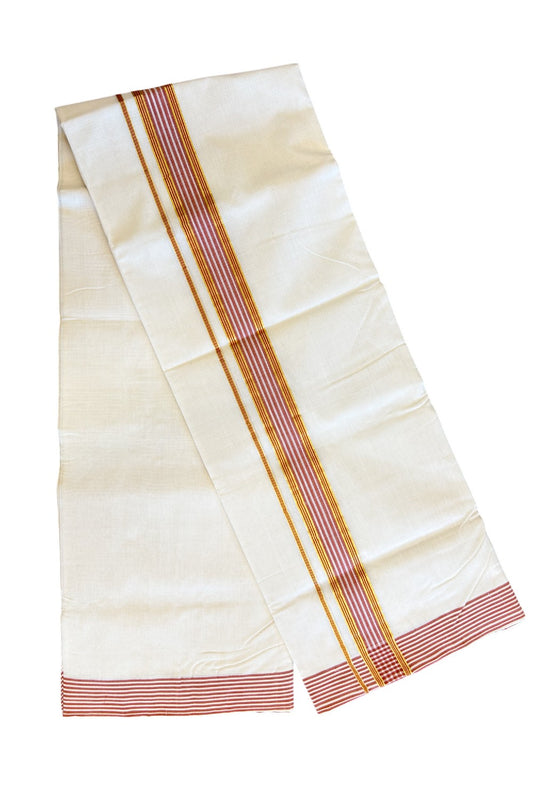 30% Discount KaithariKada HANDLOOM Unakkupaav Balaramapuram - 100% PURE Cotton Off White (Unbleached) Double Mundu/Dhoti - 2.25 inch Kasavu & Brick Red Stripes-220