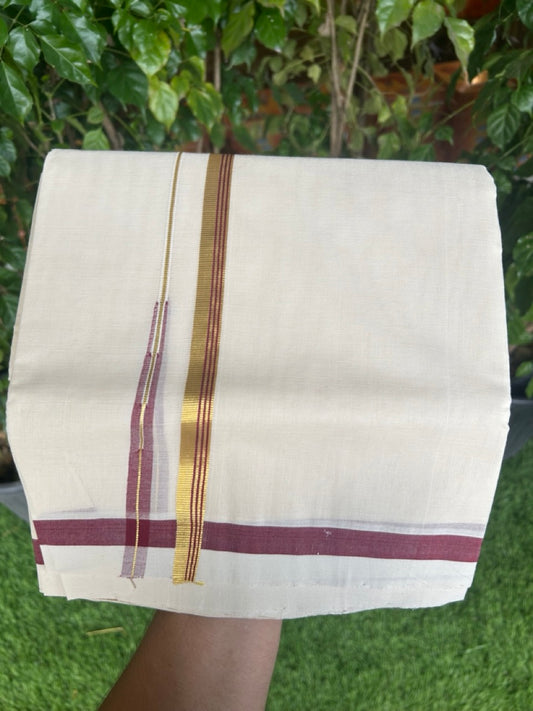 30% DISCOUNT!! KaithariKada HANDLOOM Millpaav Balaramapuram - 100% PURE Cotton OFF White Double- (Unbleached) Mundu/Dothi - 0.5 inch Puliyilakkara side stripes MAROON & Gold kasav chutty Kara - 5KK5156YAR
