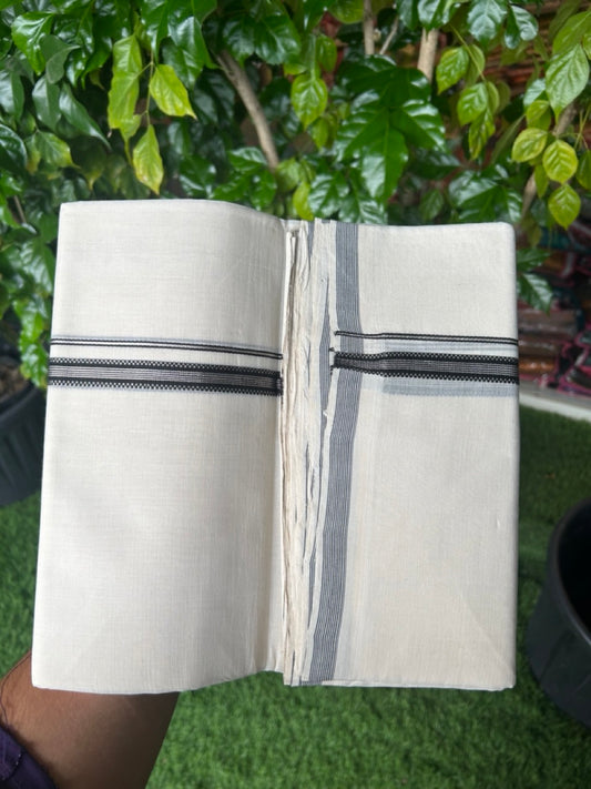 25% Discount! KaithariKada HANDLOOM UNAKKUPAAV Balaramapuram - 100% PURE Cotton OFF WHITE (Unbleached) Double Mundu/Dhoti - 80x90 - 0.5 inch Muthukkuri Silver striped black kara  4 Mtr (8.5 Muzham) - 5KK5235 YAR