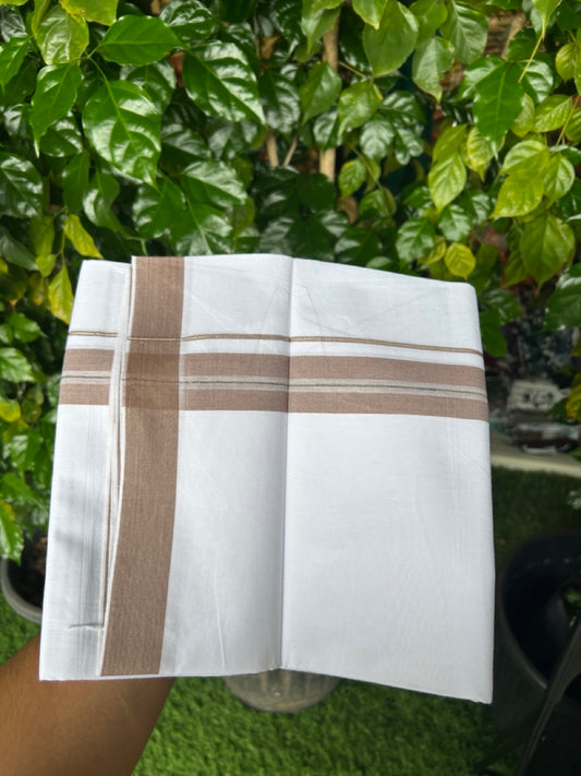 24 % Discount !! KaithariKada Balaramapuram 100% Cotton Pure white Single Mundu/Dhoti - Twisted 60s Thread- 1.25 inch Silver Kasavu Light Brown & Green Shaded Kara (2 meter / 4 muzham) - 5KK5241 GL