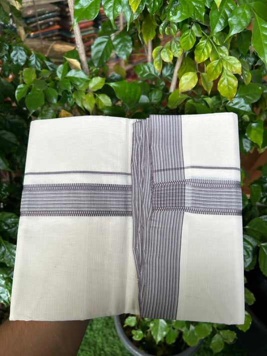 25% DISCOUNT!! KaithariKada HANDLOOM  UNAKKUPAAV Balaramapuram - 100% PURE Cotton OFF White - (Unbleached) Double Mundu/Dothi - 100 x 80 - 1.5 inch Violet Vague Green Strip Kara 3.85 meter (8.5 mulam) - 5 KK5249 REA