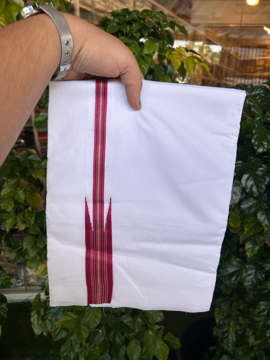 37% Discount ! NEW! KaithariKada Balaramapuram 100% Cotton Pure white Double Mundu/Dhoti - (100x80)s - Heavy Chutty Maroon Sand Brown Stripes - 5 KK5252 CKS