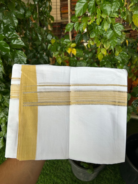 Short Dhoti Special - 28% Discount ! KaithariKada 100% Cotton Pure White Double Mundu / Dhoti - 100x80 - 45 inch Height 3.80 m Length  1.5 inch Mustard Yellow Silver Kasav kara - 5 KK5258 THI
