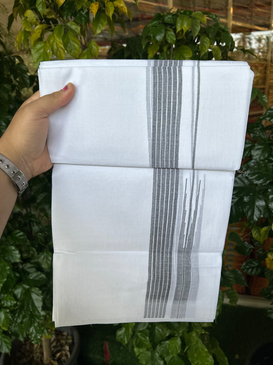 24% Discount! KaithariKada Balaramapuram 100% Cotton Pure white Double Mundu/Dhoti - (100x80)s - 1.5 inch Puliyilakkara Ash Black Stripes Chutty - 105 KK5258 THI