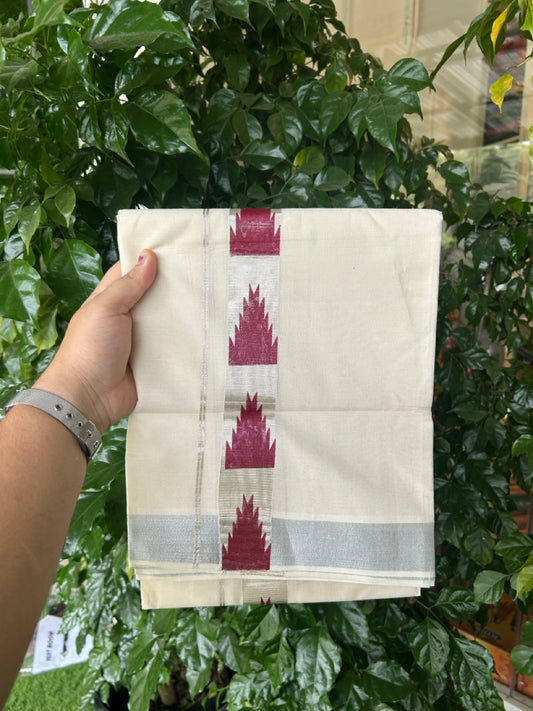 KaithariKada 100% Cotton Double 4 meter Off white - (Ubleached) Mundu / Dhoti - 100x80 1.5 inch Silver Kasavu & Maroon Temple Printed - 5 KK5262 MUT