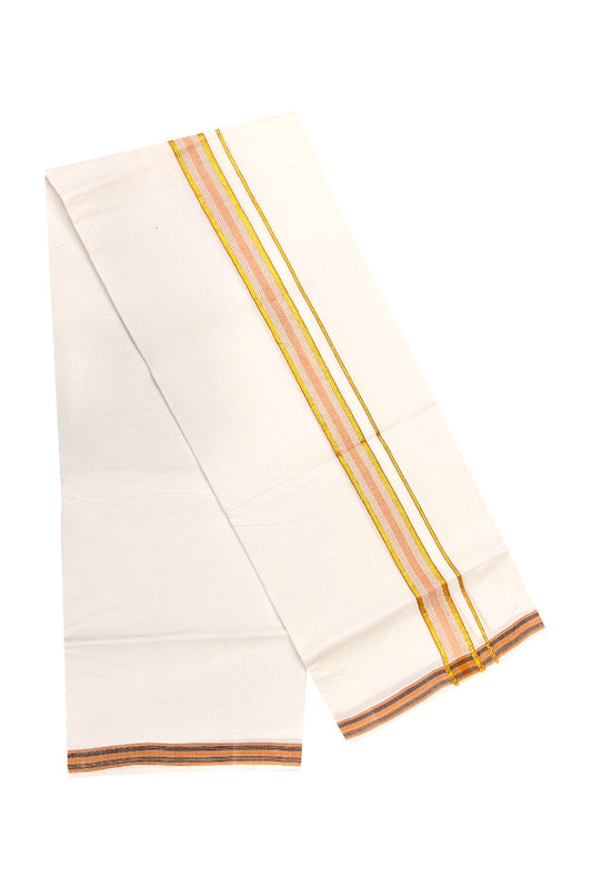 30% OFFER! KaithariKada 100% Cotton Balaramapuram HANDLOOM Single  PURE WHITE Mundu/Dhoti - 2inch (2 meter / 4 muzham) Light Brown  Kasavu Kara & Stripes - 5KAI.