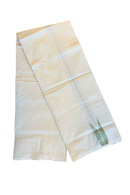 23% DISCOUNT ! KaithariKada 100% Cotton OFF WHITE Double - (Unbleached) Dhoti/Mundu-  1.5inch 12 Line Light Green Puliyilakkara Chutty & Silver Kasavu Stripes- 5KK414ASH
