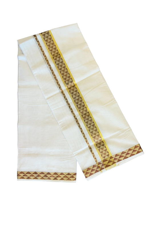 15% Discount!!! KaithariKada HANDLOOM UNAKKUPAAV Balaramapuram - 100% PURE Cotton off white (Unbleached) Double Mundu/Dhoti - 3 inch Kasavu & Maroon triangle pattern kara - 5KK415SOM