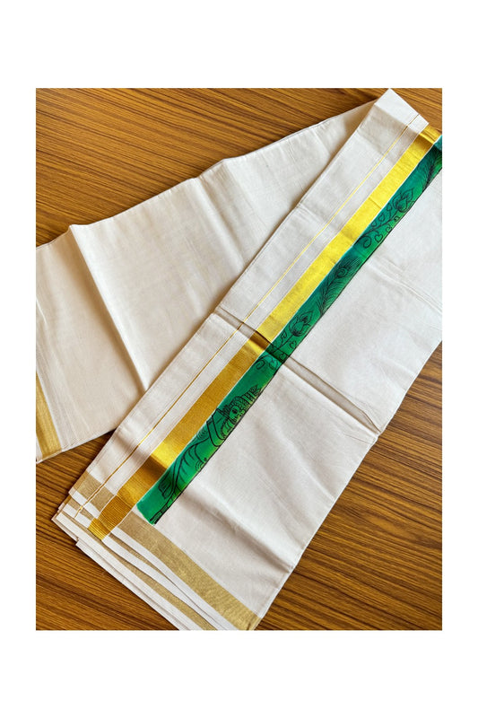 30% Discount! KaithariKada Balaramapuram 100% Cotton off white Double - (Unbleached) Mundu/Dhoti-80x72- Gold Kasavu HAND PAINTED Green Peacock Feather 2.5 inch Kara - 5KK424CEE