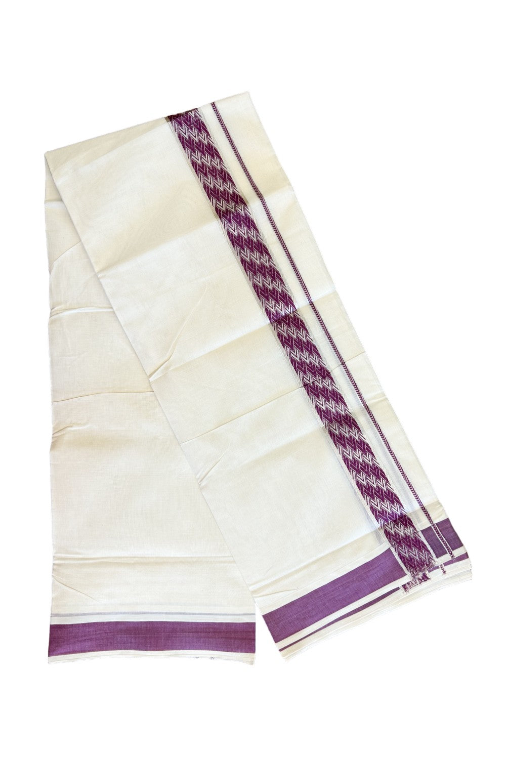 21% DISCOUNT ! KaithariKada Balaramapuram 100%  Cotton off white (Unbleached) Double  Mundu/Dhoti - 100X100 Silver kasavu & Magenta designer kara - 5KK457VIN