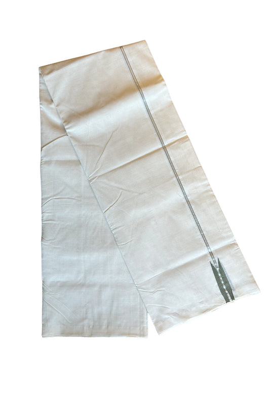 30% DISCOUNT!! KaithariKada HANDLOOM Millpaav Balaramapuram - 100% PURE Cotton OFF White (Unbleached) Double Mundu/Dothi - 0.75 inch Puliyilakkara silver kasavu Olive green chutty - 5KK462RAM