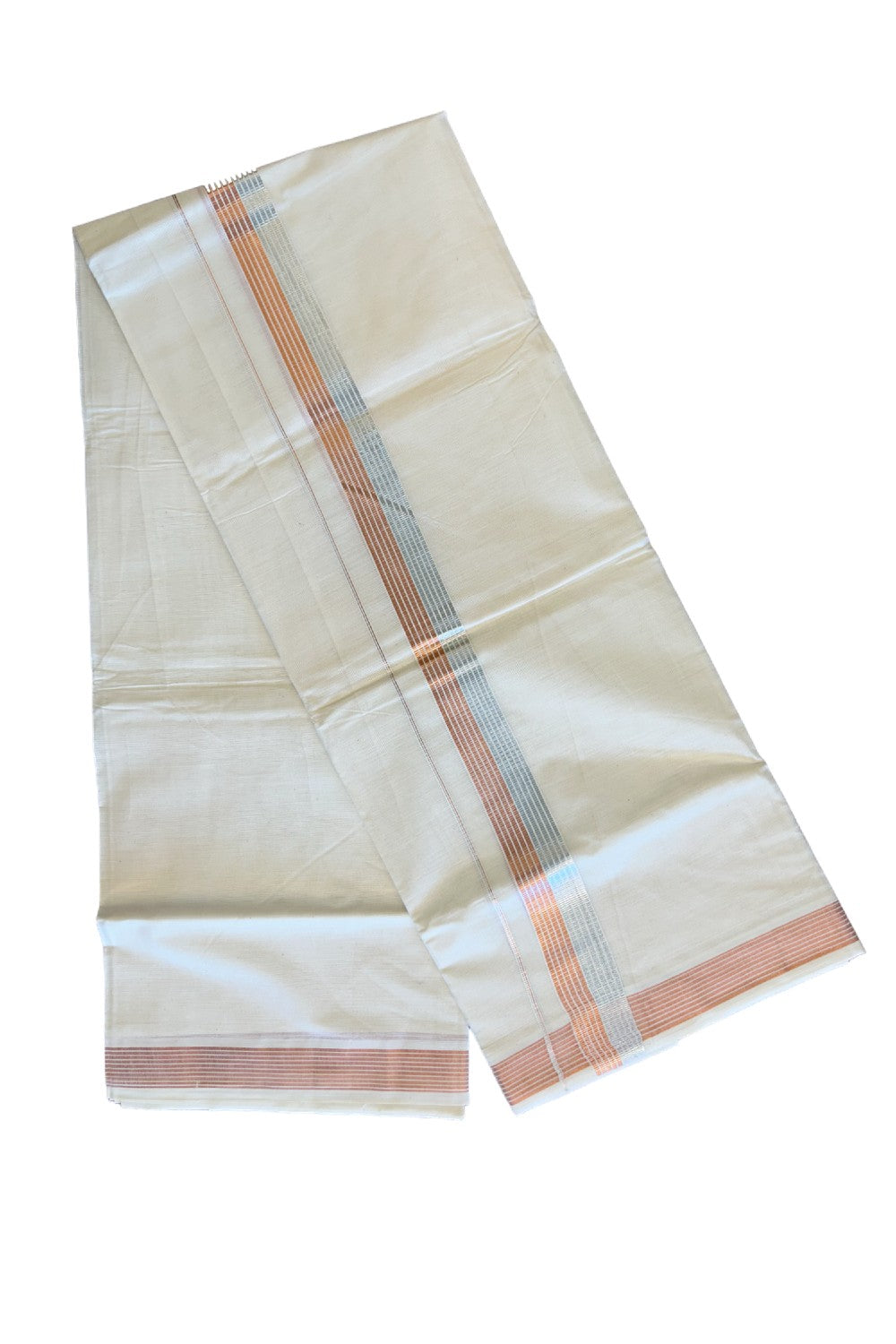 14% DISCOUNT!! KaithariKada Balaramapuram 100% Cotton Double Off white (Unbleached) Mundu/Dhoti-80x72- Copper & Silver Striped Kara - 5KK463CEE