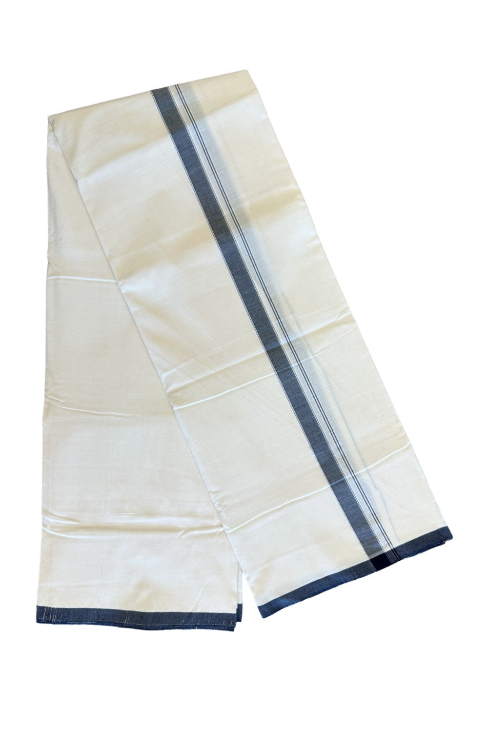 120X120 PREMIUM Kaitharikada Exclusive - 25% DISCOUNT! BALARAMAPURAM HANDLOOM Unakkupaavu - 100% PURE Cotton Double Mundu/Dhoti OFF WHITE (Unbleached) - 1.25 inch Black Striped Kara - 5KK477KAL