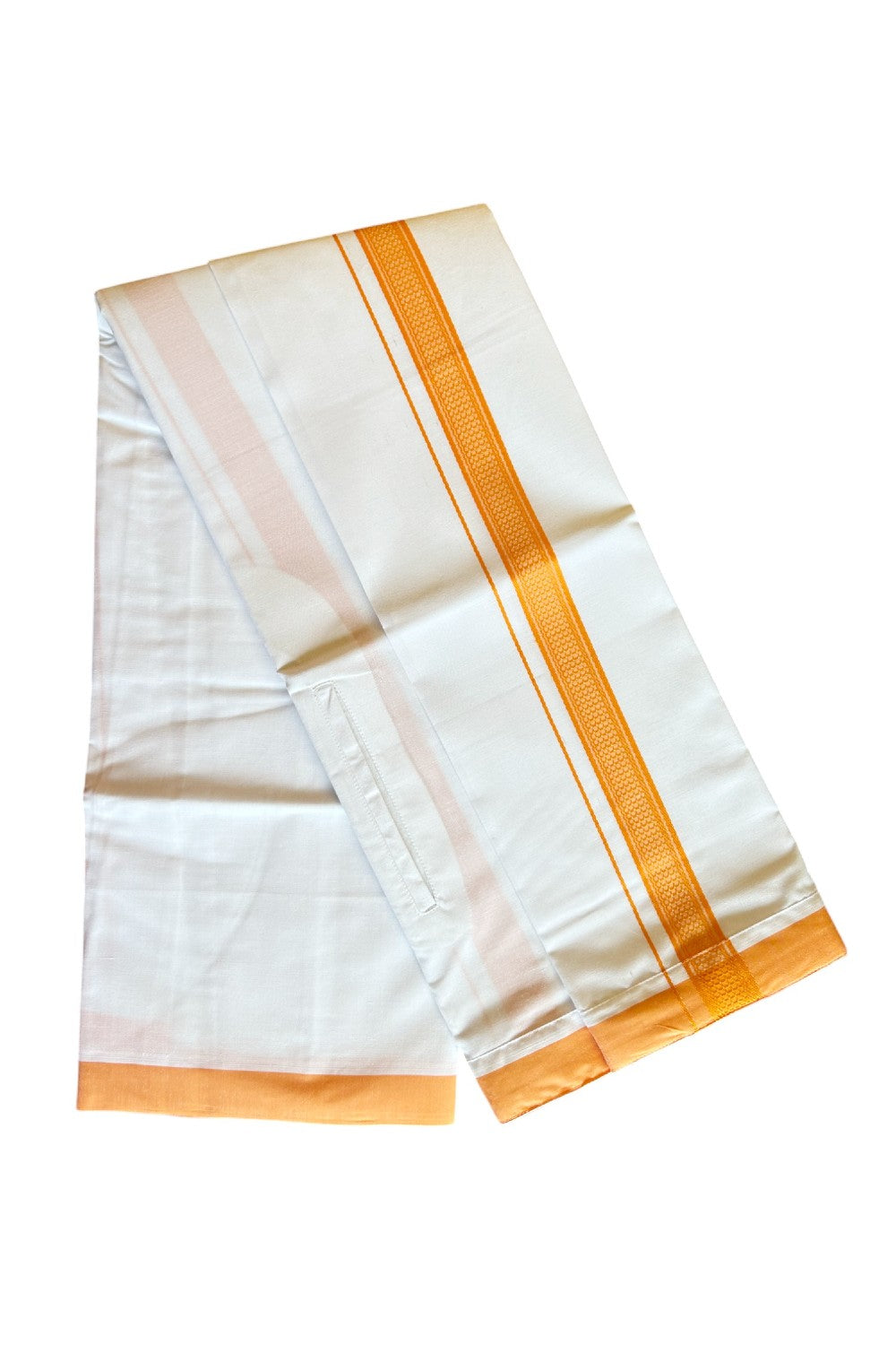 KaithariKada Balaramapuram  COTTON SINGLE PURE WHITE VELCRO Mundu/Dhoti  - 1.75inch Orange kara (2 metre / 4 muzham)- 5KK485SRI