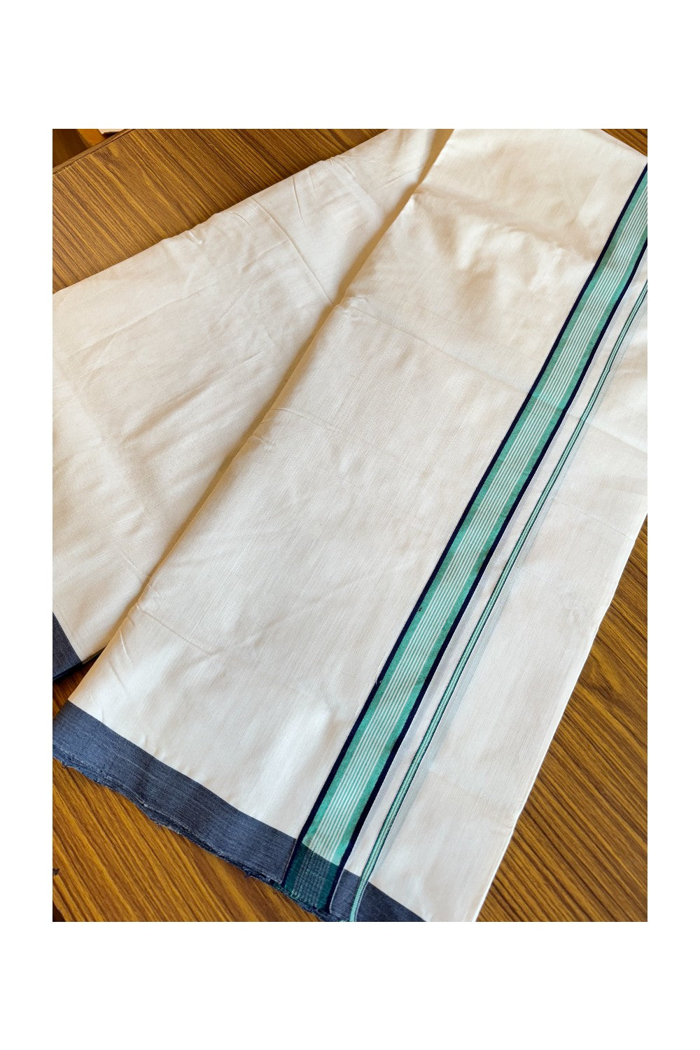 30% DISCOUNT!! KaithariKada HANDLOOM UNAKKUPAAV Balaramapuram - 100% PURE Cotton OFF White - (Unbleached) Double Mundu/Dothi - 1.75 inch Blue Black Turquoise Stripes Mulloth Kara 4.5 Meters (10 Muzham) - 5KK494SOM