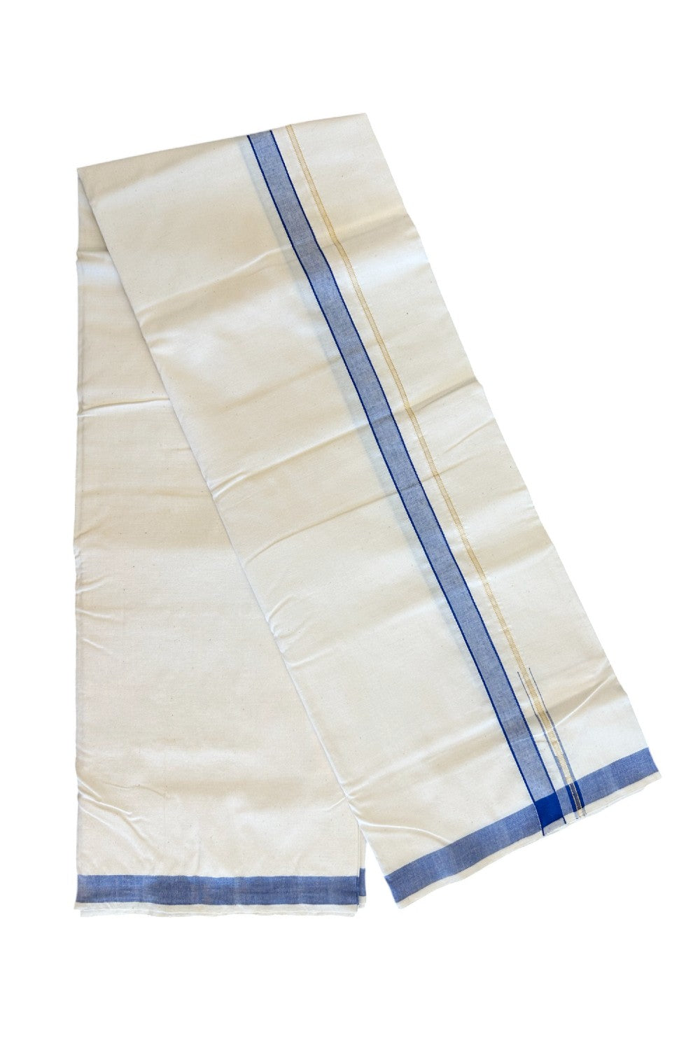 30% Discount KaithariKada 100% Cotton Balaramapuram HANDLOOM Single Mundu/Dhoti - Off White - (Unbleached) Puliyilakara chutty Kasavu & 0.5 inch Blue Kara (2 meter / 4 muzham) - 5KK499KK.