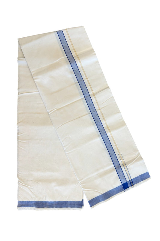 25% Discount KaithariKada 100% Cotton Balaramapuram HANDLOOM Single Mundu/Dhoti - Off White - (Unbleached) Puliyilakara chutty Kasavu & 0.5 inch Blue Kara (2 meter / 4 muzham) - 5KK499KK.