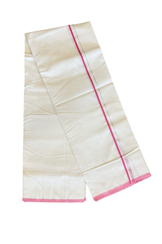SIGNATURE KAITHARIKADA EXCLUSIVE SINGLE DHOTI - 100% Cotton Balaramapuram HANDLOOM Single Mundu/Dhoti - Off White - (Unbleached) 0.25 Inch Pink & Silver KASAVU Chutty Kara  (2 metre / 4 muzham)- 5KK5010KAI