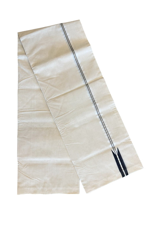 30% DISCOUNT!! KaithariKada HANDLOOM UNAKKUPAAV Balaramapuram - 100% PURE Cotton OFF White - (Unbleached) Double Mundu/Dothi - 0.75 inch Puliyilakkara silver kasavu & Black chutty - 5KK5011RAM