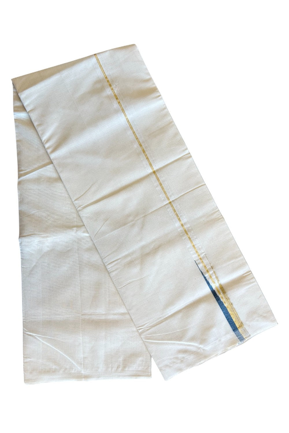 30% DISCOUNT!! KaithariKada HANDLOOM Millpaav Balaramapuram - 100% PURE Cotton OFF White Double - (Unbleached) Mundu/Dothi - 1 inch puliyilakkara Kasavu & Peacock Blue chutty- 5KK5029RAM