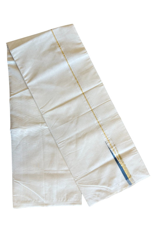 30% DISCOUNT!! KaithariKada HANDLOOM Millpaav Balaramapuram - 100% PURE Cotton OFF White Double - (Unbleached) Mundu/Dothi - 1 inch puliyilakkara Kasavu & Peacock Blue chutty- 5KK5029RAM