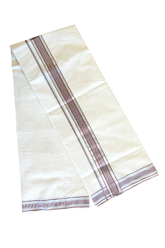 25% DISCOUNT!! KaithariKada HANDLOOM Millpaav Balaramapuram - 100% PURE Cotton OFF White - (Unbleached) Double Mundu/Dothi - 2.5 inch MAROON & Silver stripes kara - 5KK503RAM