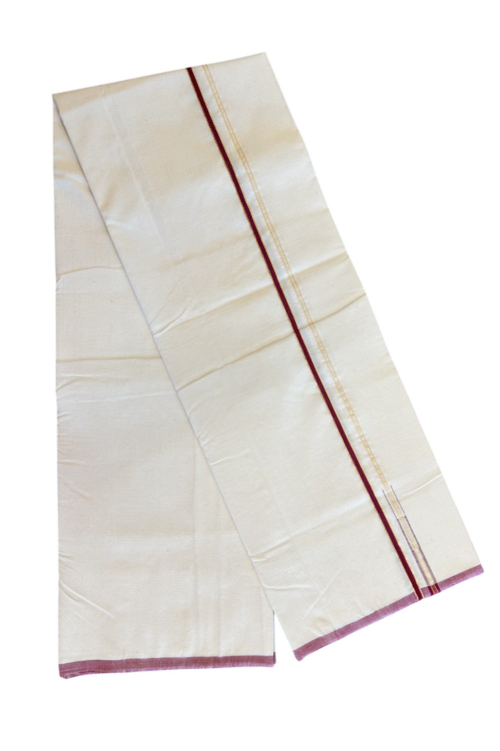 SIGNATURE KAITHARIKADA EXCLUSIVE SINGLE DHOTI - 100% Cotton Balaramapuram HANDLOOM Single Mundu/Dhoti - Off White - (Unbleached) 1 cm Maroon & KASAVU Chutty Kara (2 meter / 4 muzham) - 5KK5040KAI