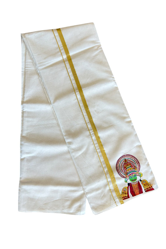 KaithariKada Balaramapuram 100% Cotton Double Off white - (Ubleached) Mundu/Dhoti-100x80 1 inch Kasavu & Hand Painted Kadhakali Design Kara 3.70 meter- 5KK5046KK
