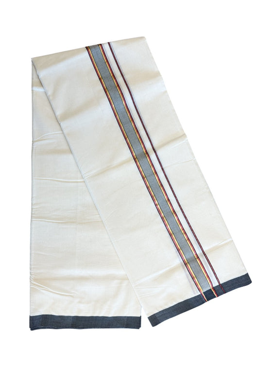 25% DISCOUNT!! KaithariKada HANDLOOM Millpaav Balaramapuram - 100% PURE Cotton OFF White Double - (Unbleached) Mundu/Dothi - 2 Inch Red & Black Gold Kasav Striped Kara - 5KK5056RAM