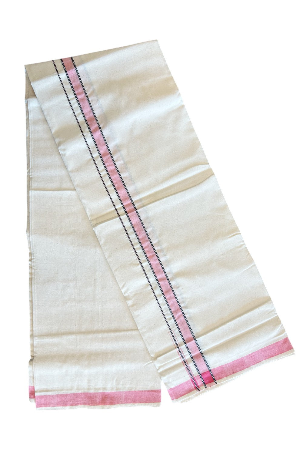 30% Discount ! KaithariKada 100% Cotton Balaramapuram HANDLOOM Single Mundu/Dhoti - Off White (Unbleached) 1.Inch (2 meter / 4 muzham) Pink & Stripes Patterned Puliyilakkara Chutty- KK32KAI